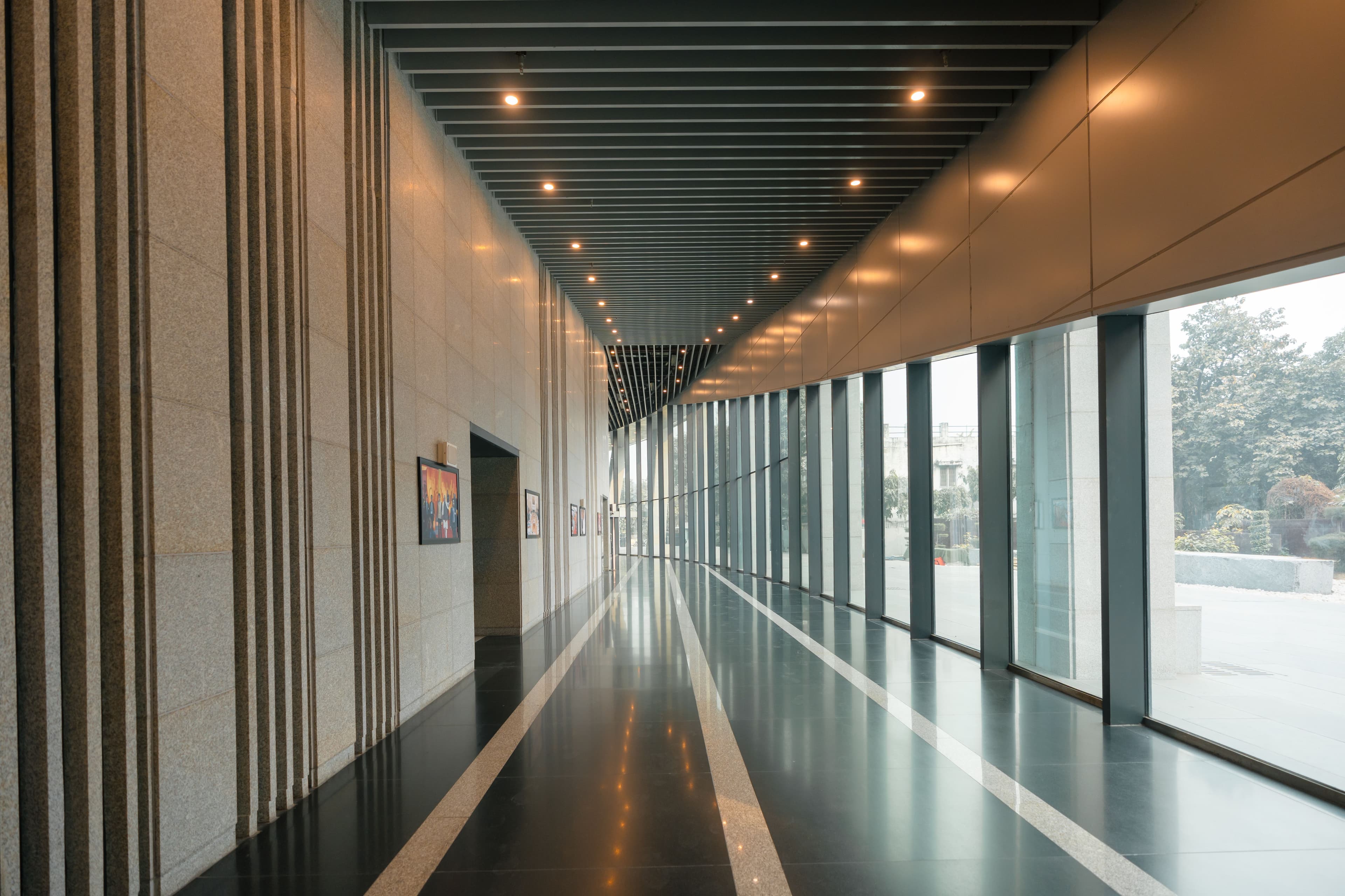 Modern commercial corridor with finished interiors